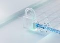 A 3D glass padlock with the OpenAI logo blocking a stream of data fragments on a minimal network background, illustrating ChatGPT Lockdown Mode.
