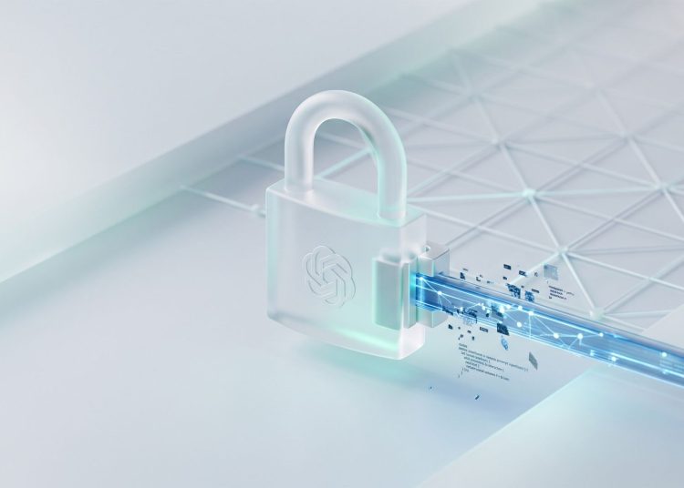 A 3D glass padlock with the OpenAI logo blocking a stream of data fragments on a minimal network background, illustrating ChatGPT Lockdown Mode.