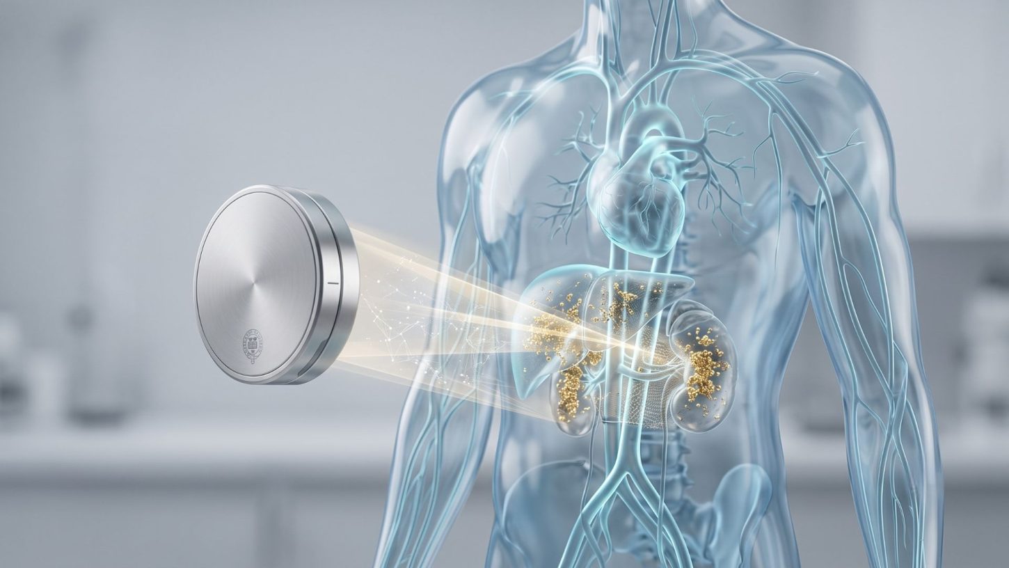 Minimalist 3D medical graphic of a translucent human torso, showing a metallic AI scanner revealing hidden organ damage missed by standard blood pressure checks.