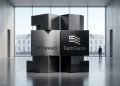 Minimalist editorial 3D graphic showing the Payward wordmark engraved on a sleek brushed metal block alongside the US Tech Force logo, set against a modern atrium background with a view of the White House.