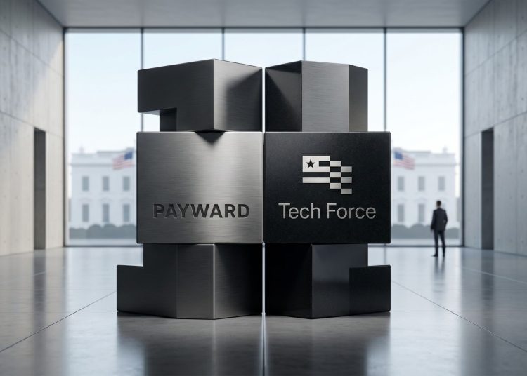 Minimalist editorial 3D graphic showing the Payward wordmark engraved on a sleek brushed metal block alongside the US Tech Force logo, set against a modern atrium background with a view of the White House.