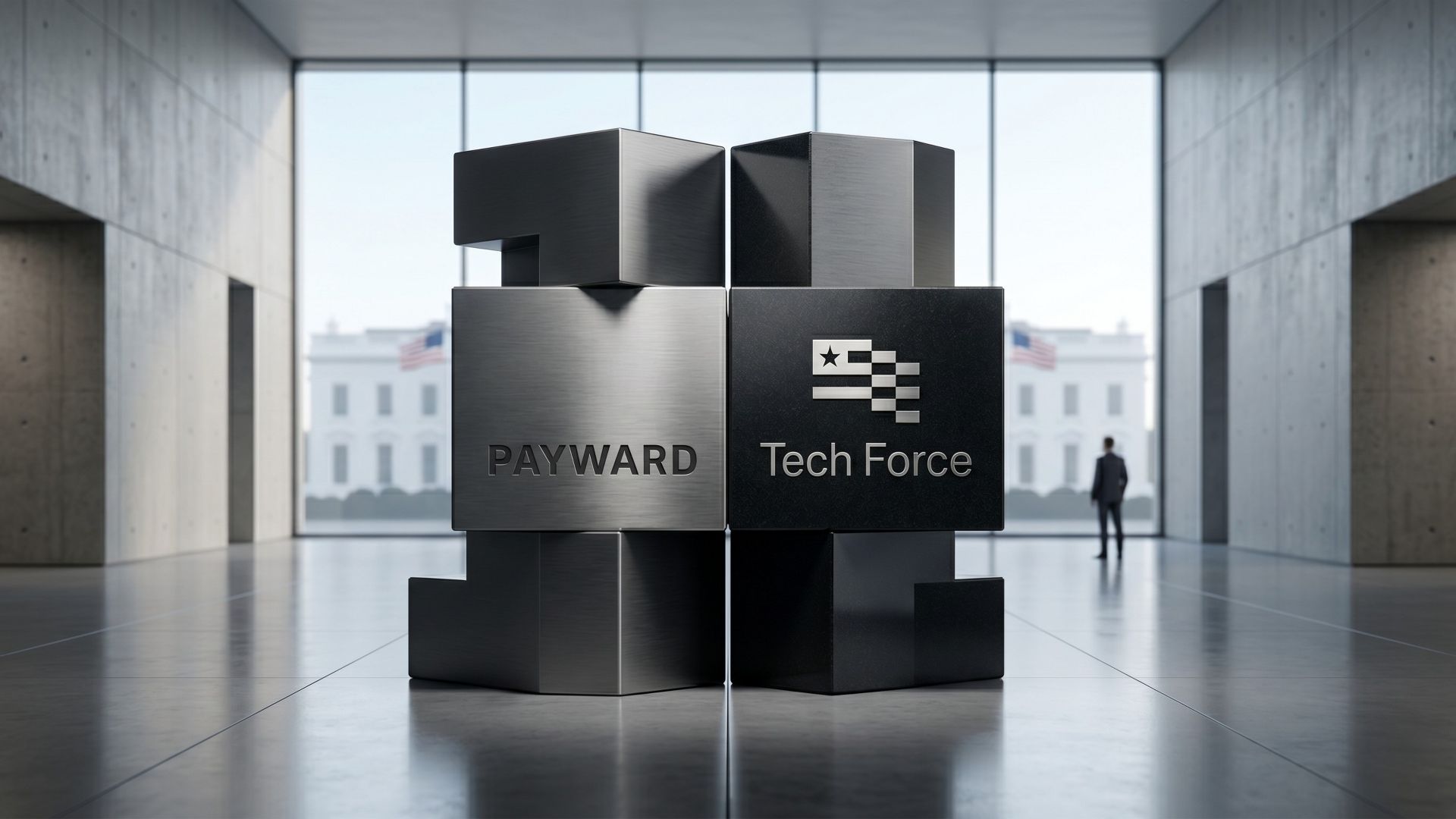 Minimalist editorial 3D graphic showing the Payward wordmark engraved on a sleek brushed metal block alongside the US Tech Force logo, set against a modern atrium background with a view of the White House.