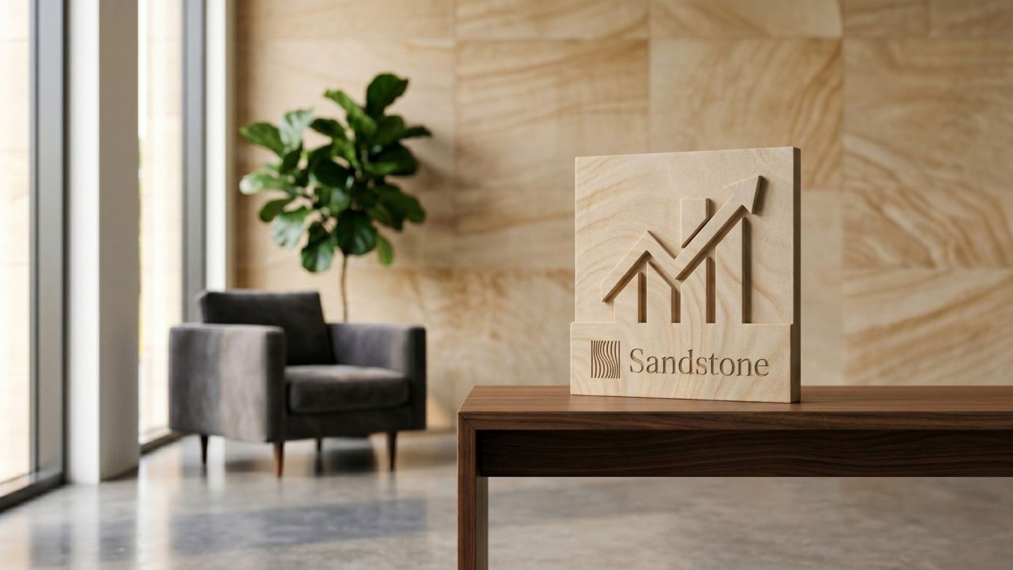 A minimalist editorial photograph of a sandstone award displaying the Sandstone logo and a growth graph, symbolising a thirty-million-dollar funding round to modernise corporate legal departments with AI.