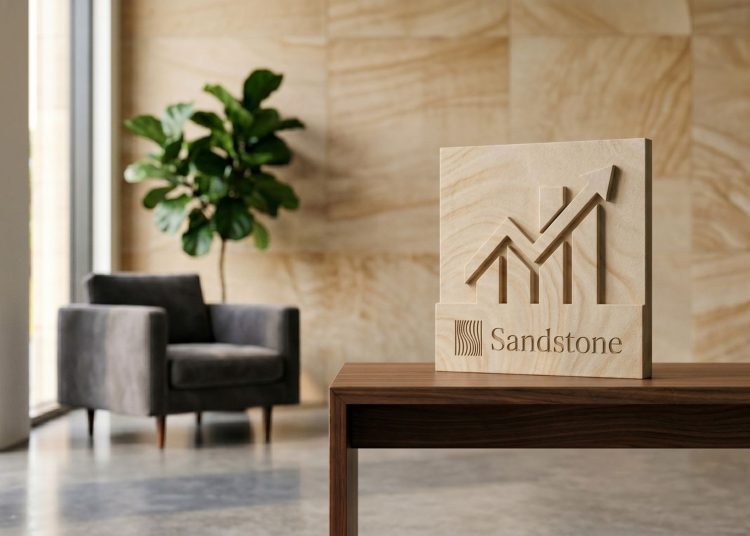 A minimalist editorial photograph of a sandstone award displaying the Sandstone logo and a growth graph, symbolising a thirty-million-dollar funding round to modernise corporate legal departments with AI.