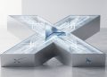 A minimalist 3D rendering of a brushed-metal SpaceX 'X' structure embedded with glowing digital code circuits, featuring a polished titanium Cursor AI icon at the centre.
