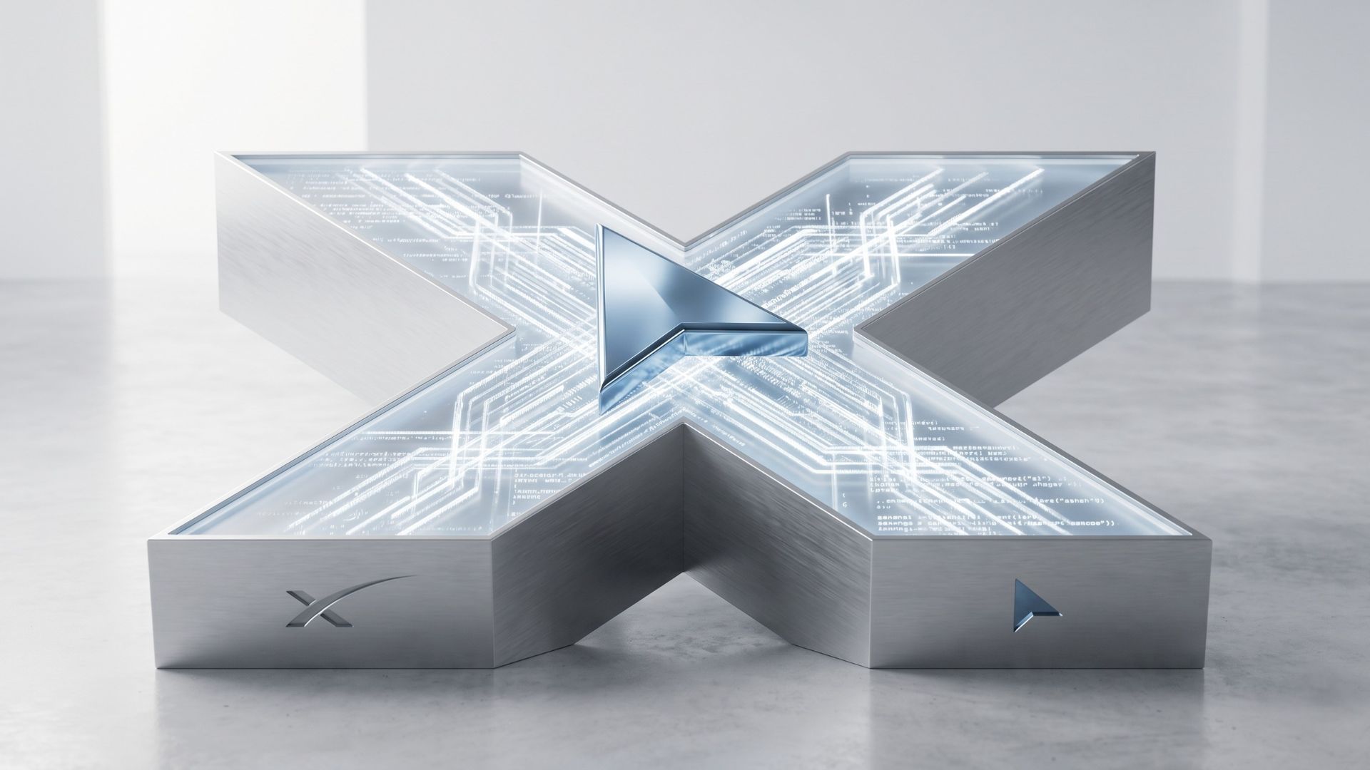 A minimalist 3D rendering of a brushed-metal SpaceX 'X' structure embedded with glowing digital code circuits, featuring a polished titanium Cursor AI icon at the centre.