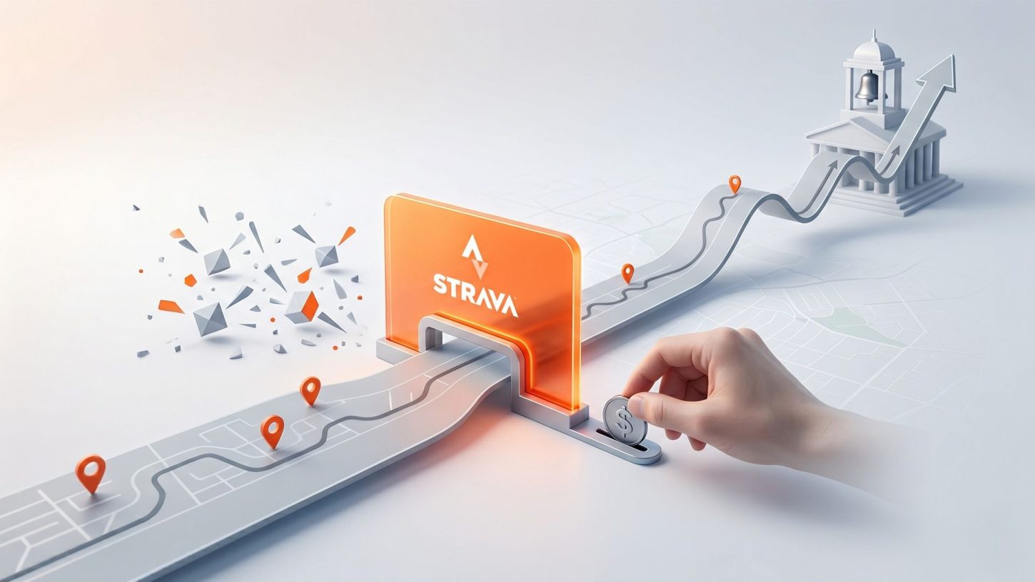 A 3D minimalist editorial illustration of an orange Strava barrier blocking shattered AI scrapers, a hand inserting a coin to monetise the API, and a route rising towards a stock exchange building for its IPO.