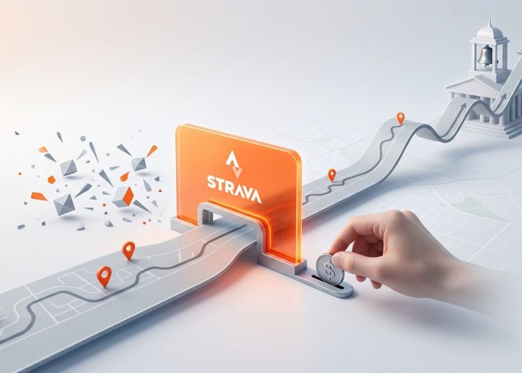 A 3D minimalist editorial illustration of an orange Strava barrier blocking shattered AI scrapers, a hand inserting a coin to monetise the API, and a route rising towards a stock exchange building for its IPO.