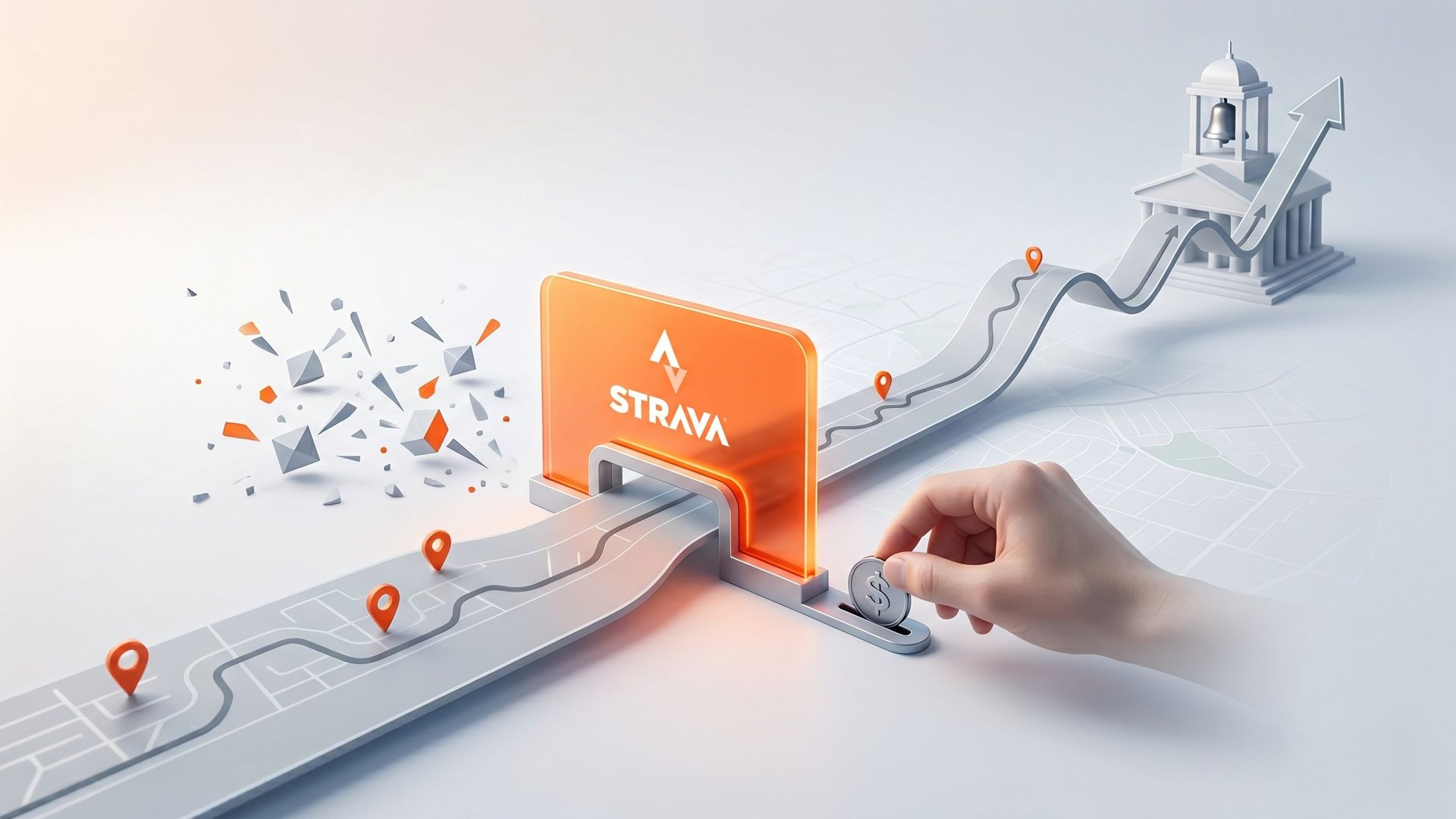 A 3D minimalist editorial illustration of an orange Strava barrier blocking shattered AI scrapers, a hand inserting a coin to monetise the API, and a route rising towards a stock exchange building for its IPO.