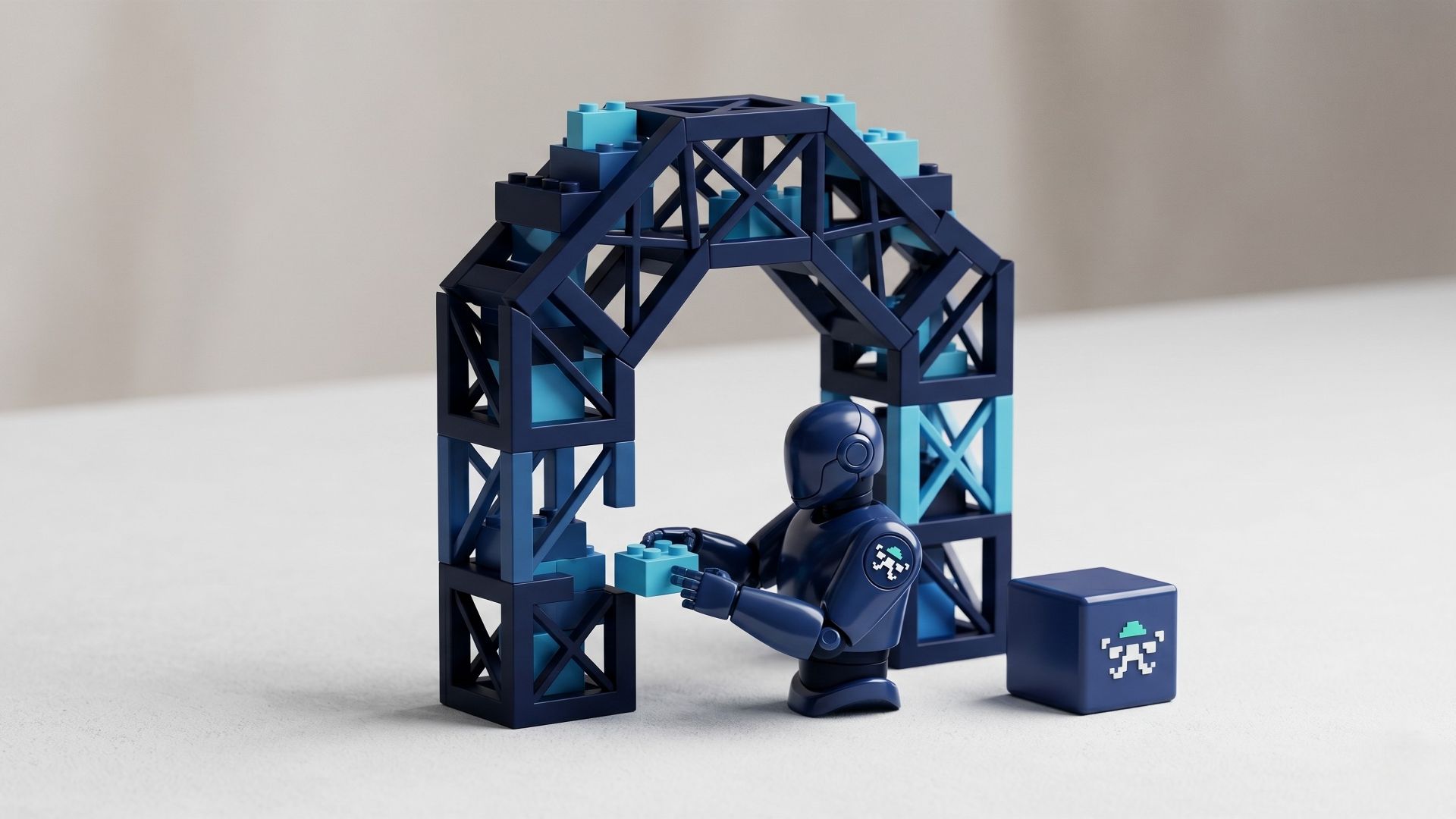 A sleek, minimalist 3D editorial photograph of a deep blue AI robot agent meticulously building a secure compliance archway using building blocks, featuring the Sumsub pixelated logo icon.
