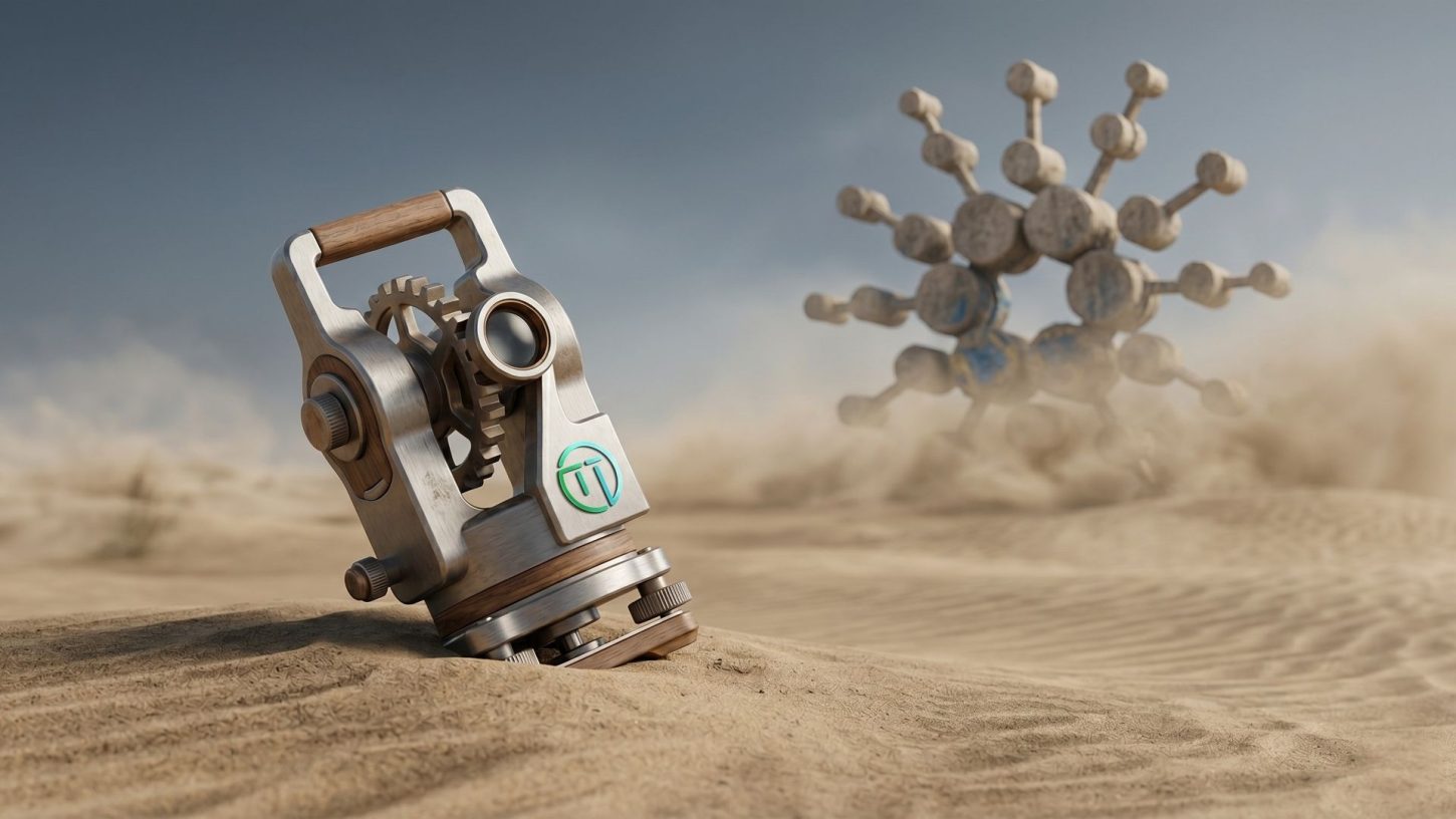 A precision mechanical theodolite with the green TapTools logo and an engraving 'Calibrated for Cardano' is set against a clean desert landscape, with a colossal, golden Cardano logo monument in the distant background under a clear sky.