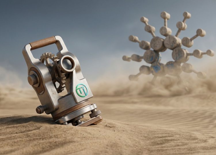 A precision mechanical theodolite with the green TapTools logo and an engraving 'Calibrated for Cardano' is set against a clean desert landscape, with a colossal, golden Cardano logo monument in the distant background under a clear sky.