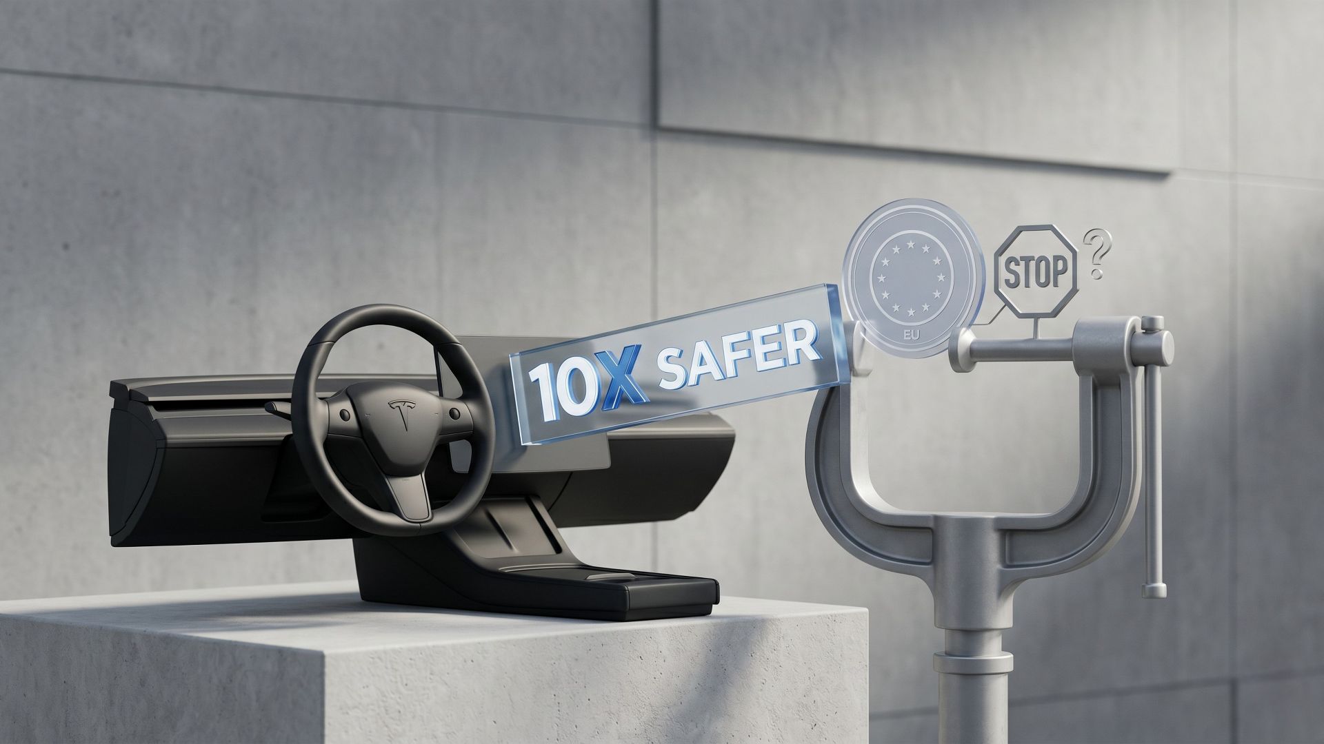 Minimalist 3D studio shot of a Tesla steering wheel console next to a metallic regulatory clamp scrutinising a "10X Safer" glass data block, symbolising EU regulatory scepticism.