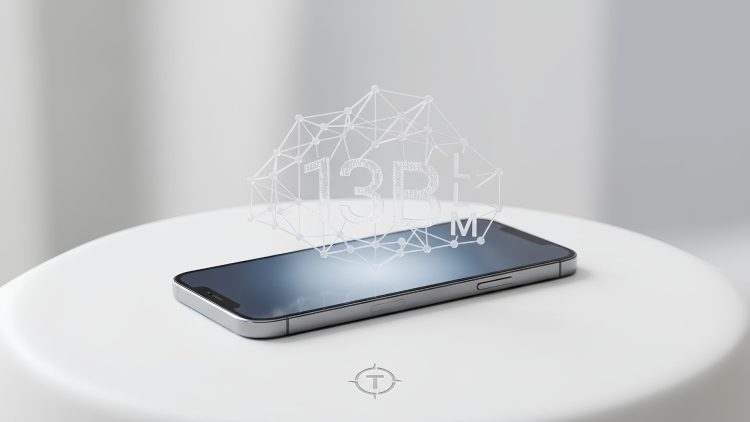 A minimalistic 3D render of a modern mobile smartphone resting on a clean white surface, with a subtle holographic network structure hovering above the screen to represent local 13B parameter LLM execution.