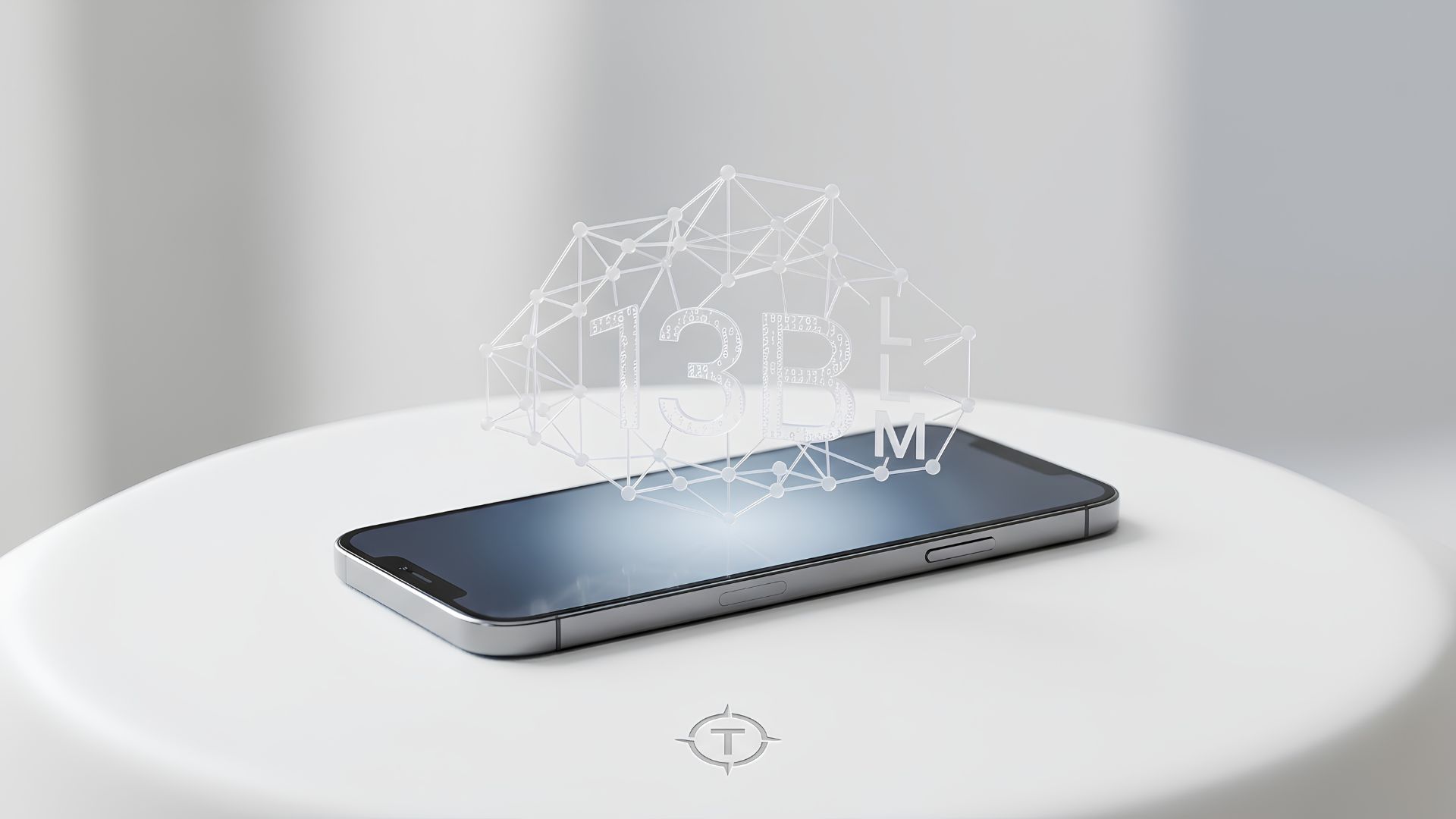 A minimalistic 3D render of a modern mobile smartphone resting on a clean white surface, with a subtle holographic network structure hovering above the screen to represent local 13B parameter LLM execution.