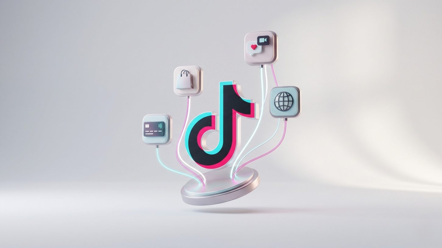 A minimal, 3D editorial graphic showing the TikTok logo at the centre, connected by glowing neon lines to icons for shopping, banking, video messaging, and global networking against a clean, light grey background.