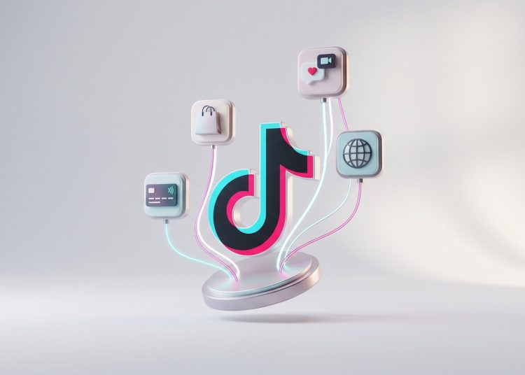 A minimal, 3D editorial graphic showing the TikTok logo at the centre, connected by glowing neon lines to icons for shopping, banking, video messaging, and global networking against a clean, light grey background.