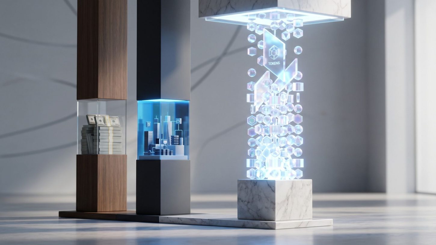 Three architectural pillars representing the pillars of corporate spend: human labor, software infrastructure, and a glowing pillar of digital AI tokens.