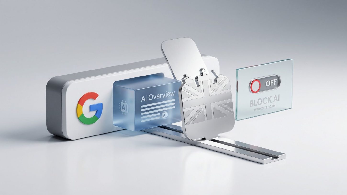 A minimalist 3D editorial illustration showing a Google logo next to a translucent blue AI Overview block, which is physically obstructed by a metallic shield featuring the UK Union Jack. To the right, a clean glass control panel displays an opt-out toggle switch for a UK website.