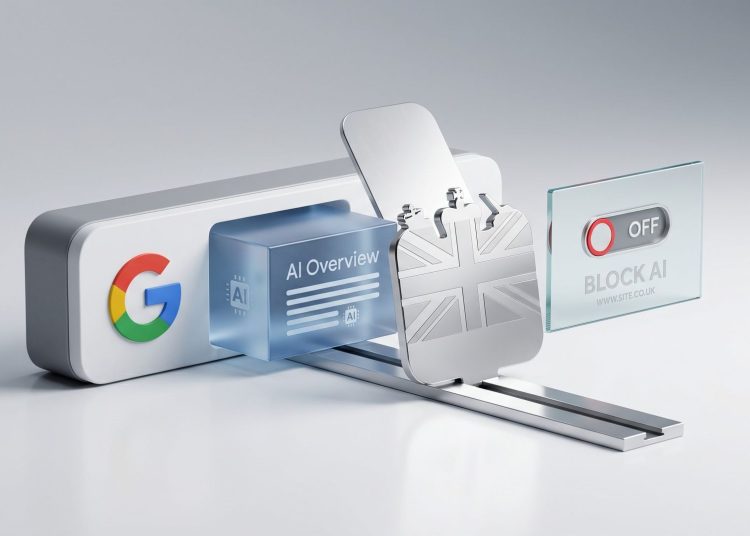 A minimalist 3D editorial illustration showing a Google logo next to a translucent blue AI Overview block, which is physically obstructed by a metallic shield featuring the UK Union Jack. To the right, a clean glass control panel displays an opt-out toggle switch for a UK website.