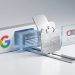 A minimalist 3D editorial illustration showing a Google logo next to a translucent blue AI Overview block, which is physically obstructed by a metallic shield featuring the UK Union Jack. To the right, a clean glass control panel displays an opt-out toggle switch for a UK website.