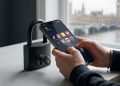 Close-up photograph of a teenager's hands holding a smartphone displaying social media apps, positioned next to a heavy black padlock with a key, with a soft-focus background of the UK Houses of Parliament in London.