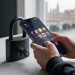 Close-up photograph of a teenager's hands holding a smartphone displaying social media apps, positioned next to a heavy black padlock with a key, with a soft-focus background of the UK Houses of Parliament in London.