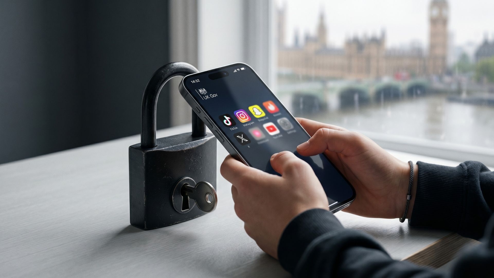 Close-up photograph of a teenager's hands holding a smartphone displaying social media apps, positioned next to a heavy black padlock with a key, with a soft-focus background of the UK Houses of Parliament in London.