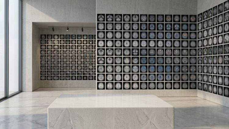 A minimalist editorial display of a grid containing detailed medical brain scans and ultrasound imaging slices, seamlessly integrated onto a concrete gallery wall in a modern, brightly lit architectural space with a marble pedestal in the foreground.