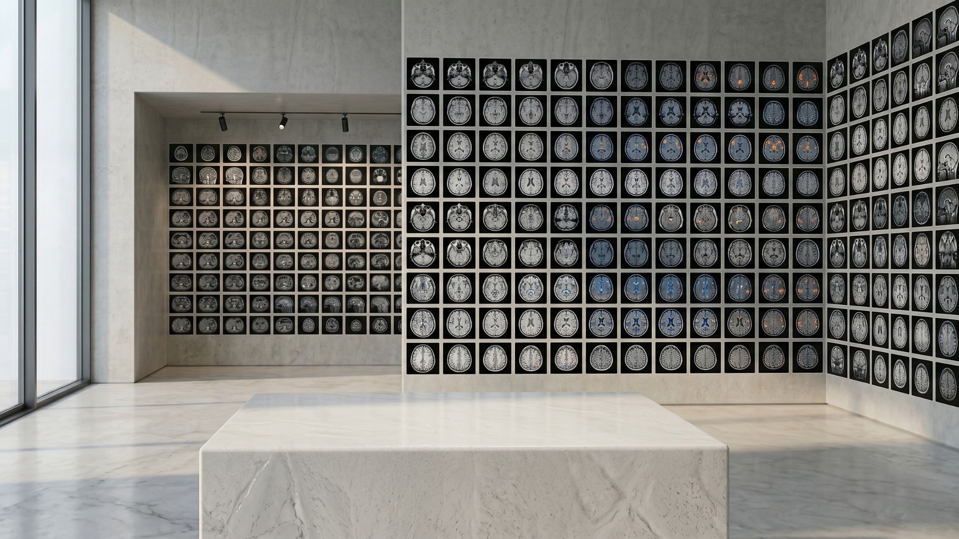 A minimalist editorial display of a grid containing detailed medical brain scans and ultrasound imaging slices, seamlessly integrated onto a concrete gallery wall in a modern, brightly lit architectural space with a marble pedestal in the foreground.