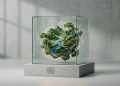 A minimal 3D digital ecosystem inside a transparent glass cube on a stone plinth with the UN logo, representing the UN AI Environmental Transparency Initiative.