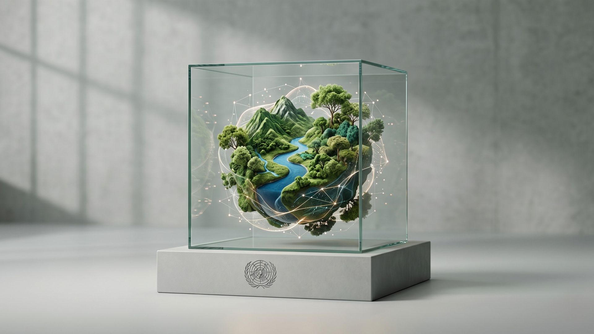 A minimal 3D digital ecosystem inside a transparent glass cube on a stone plinth with the UN logo, representing the UN AI Environmental Transparency Initiative.