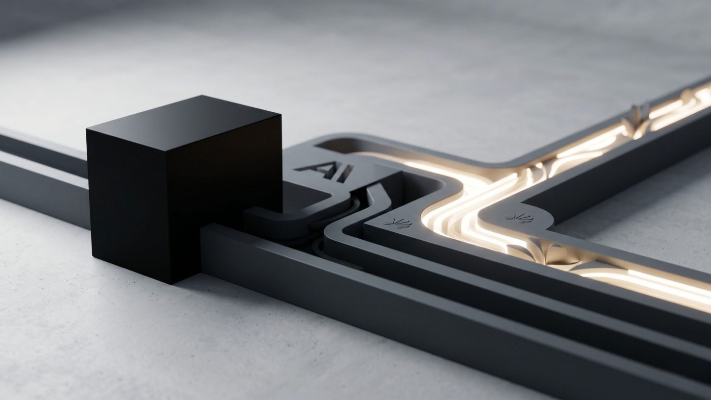A minimalist 3D editorial graphic showing a heavy matte black block obstructing a grey circuit path, which reroutes into a glowing alternative channel, symbolising tech decoupling, the Huawei mirror effect, and the US Anthropic blackout backfire.