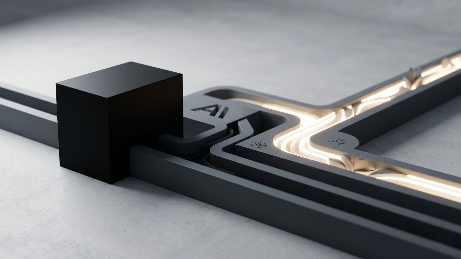 A minimalist 3D editorial graphic showing a heavy matte black block obstructing a grey circuit path, which reroutes into a glowing alternative channel, symbolising tech decoupling, the Huawei mirror effect, and the US Anthropic blackout backfire.