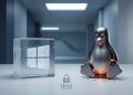 A minimalist 3D editorial graphic representing a Windows and Linux security crisis, featuring a cracked glass Windows cube and a metallic Linux penguin on a fractured surface.