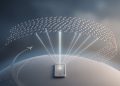 Minimalist 3D editorial illustration of a smartphone connected by light beams to a satellite constellation above Earth, representing Amazon's direct-to-phone network challenging SpaceX.
