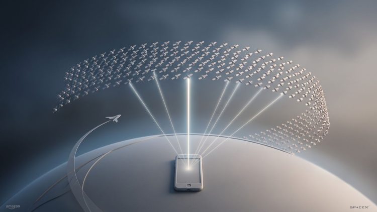 Minimalist 3D editorial illustration of a smartphone connected by light beams to a satellite constellation above Earth, representing Amazon's direct-to-phone network challenging SpaceX.