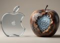 An editorial 3D concept photo representing Apple suing OpenAI. On a clean neutral background sits a glossy, translucent glass Apple logo alongside a weathered, decaying real apple whose broken core reveals a glowing OpenAI logo integrated with microchips.