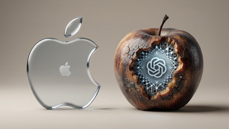 An editorial 3D concept photo representing Apple suing OpenAI. On a clean neutral background sits a glossy, translucent glass Apple logo alongside a weathered, decaying real apple whose broken core reveals a glowing OpenAI logo integrated with microchips.