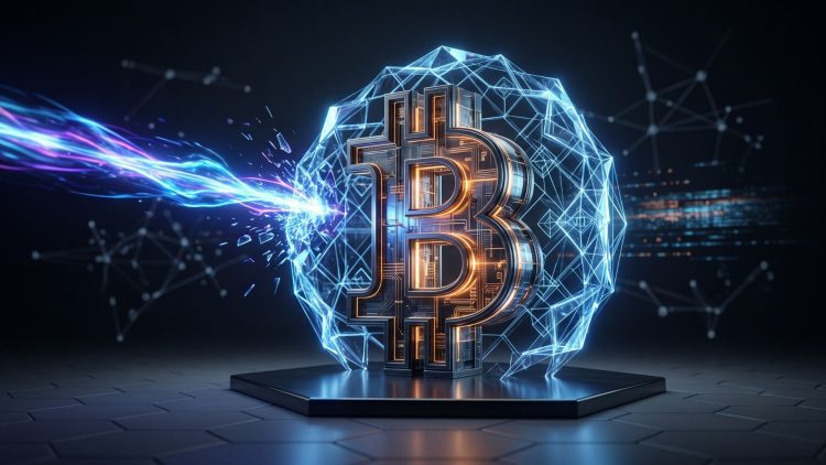 A stylized 3D Bitcoin symbol stands on a platform, protected by a glowing blue digital lattice shield that is deflecting a beam of incoming energy, illustrating cryptocurrency security against quantum threats.