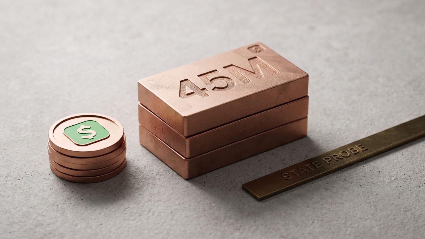 A minimal editorial 3D photograph showing a stack of metallic copper blocks engraved with '45M' alongside a stack of coins featuring the green Cash App logo and a brass ruler engraved with 'STATE PROBE' on a clean concrete background.