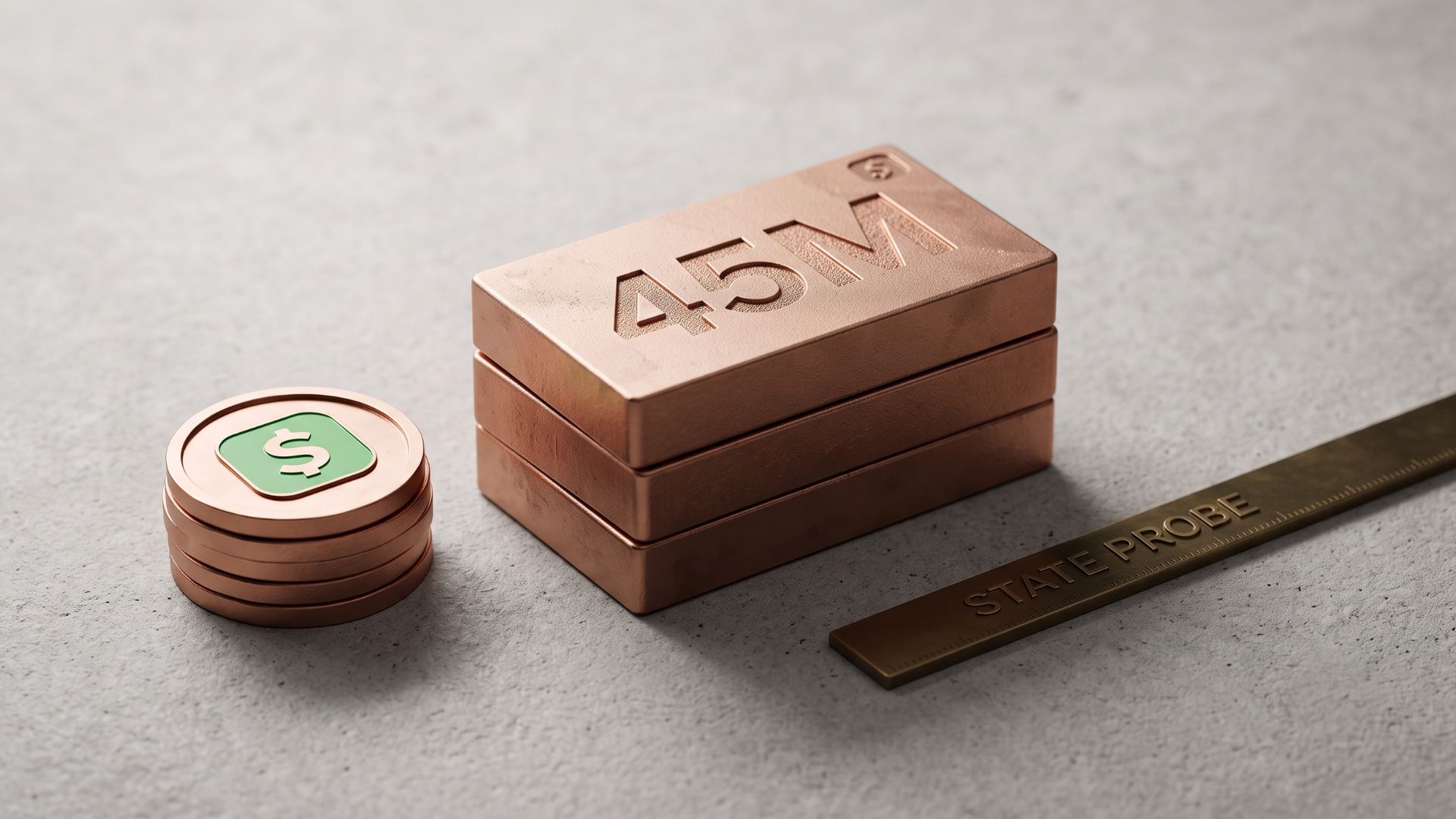 A minimal editorial 3D photograph showing a stack of metallic copper blocks engraved with '45M' alongside a stack of coins featuring the green Cash App logo and a brass ruler engraved with 'STATE PROBE' on a clean concrete background.