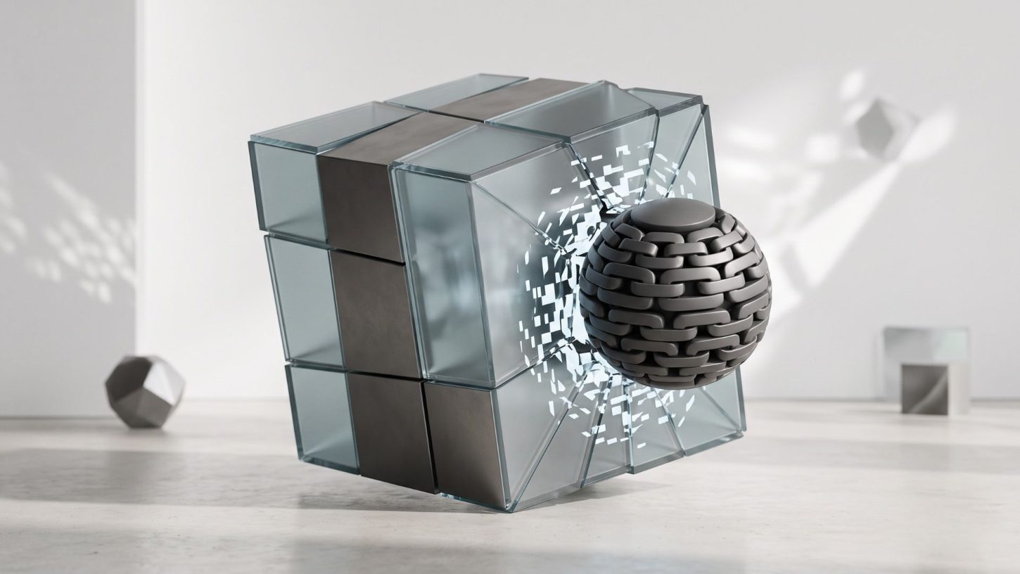 A minimalist 3D editorial graphic showing a sleek glass and metal cube being fractured by a heavy, metallic chain-link sphere, symbolising the impact of blockchain-enforced data rights over centralised platforms.