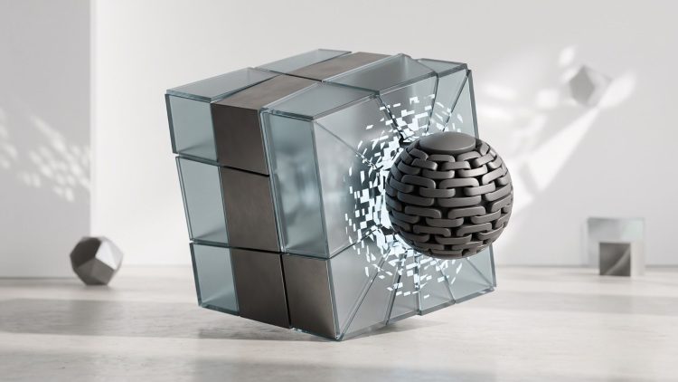 A minimalist 3D editorial graphic showing a sleek glass and metal cube being fractured by a heavy, metallic chain-link sphere, symbolising the impact of blockchain-enforced data rights over centralised platforms.