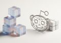 3D abstract design of glowing AI data cubes next to a metallic Reddit logo network on a clean white background, representing AI search marketing.