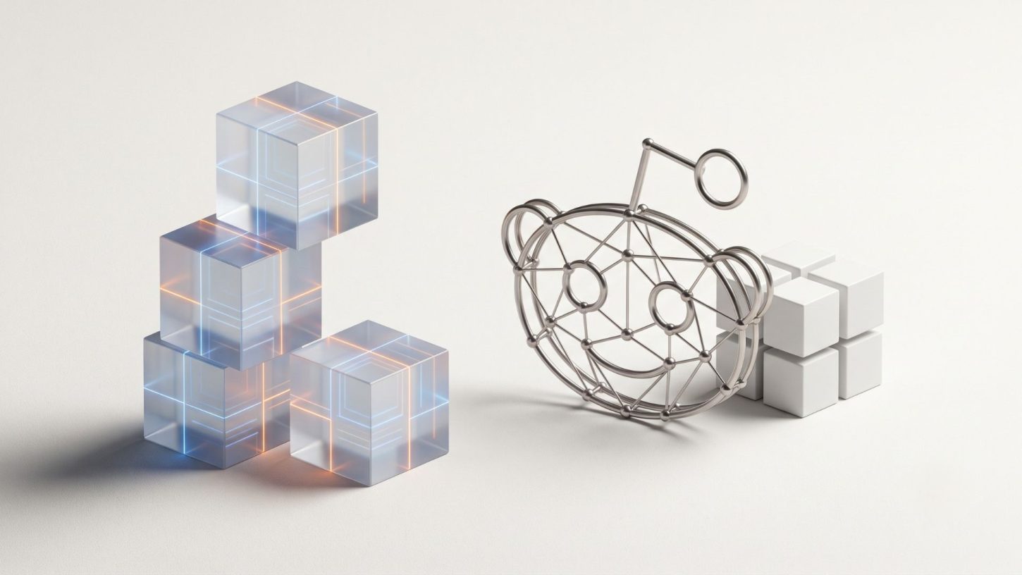 3D abstract design of glowing AI data cubes next to a metallic Reddit logo network on a clean white background, representing AI search marketing.