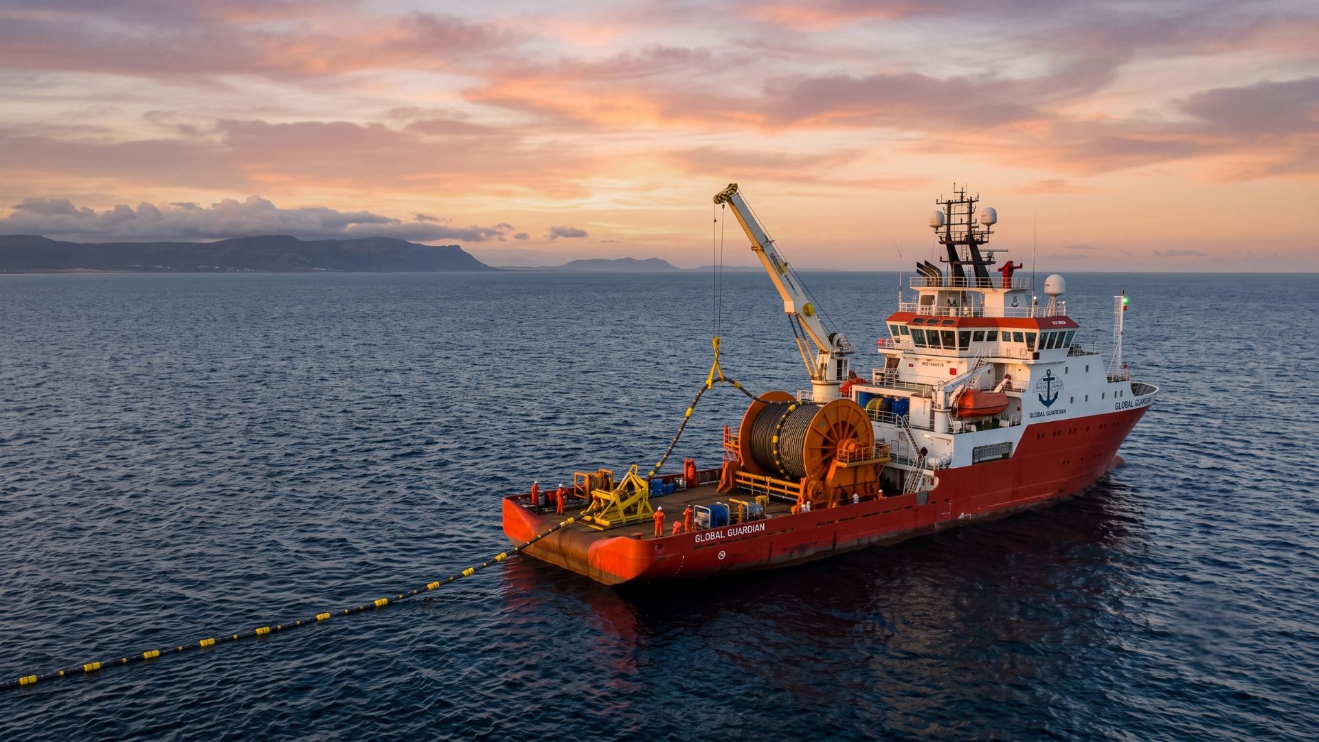 A cable-laying repair ship stationed at sea during sunset, deploying a subsea fibre-optic cable to maintain internet connectivity across Africa.