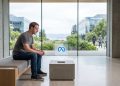 Mark Zuckerberg sitting on a bench in a minimalist Meta office, looking thoughtfully at a holographic Meta logo displaying a slow loading progress bar.