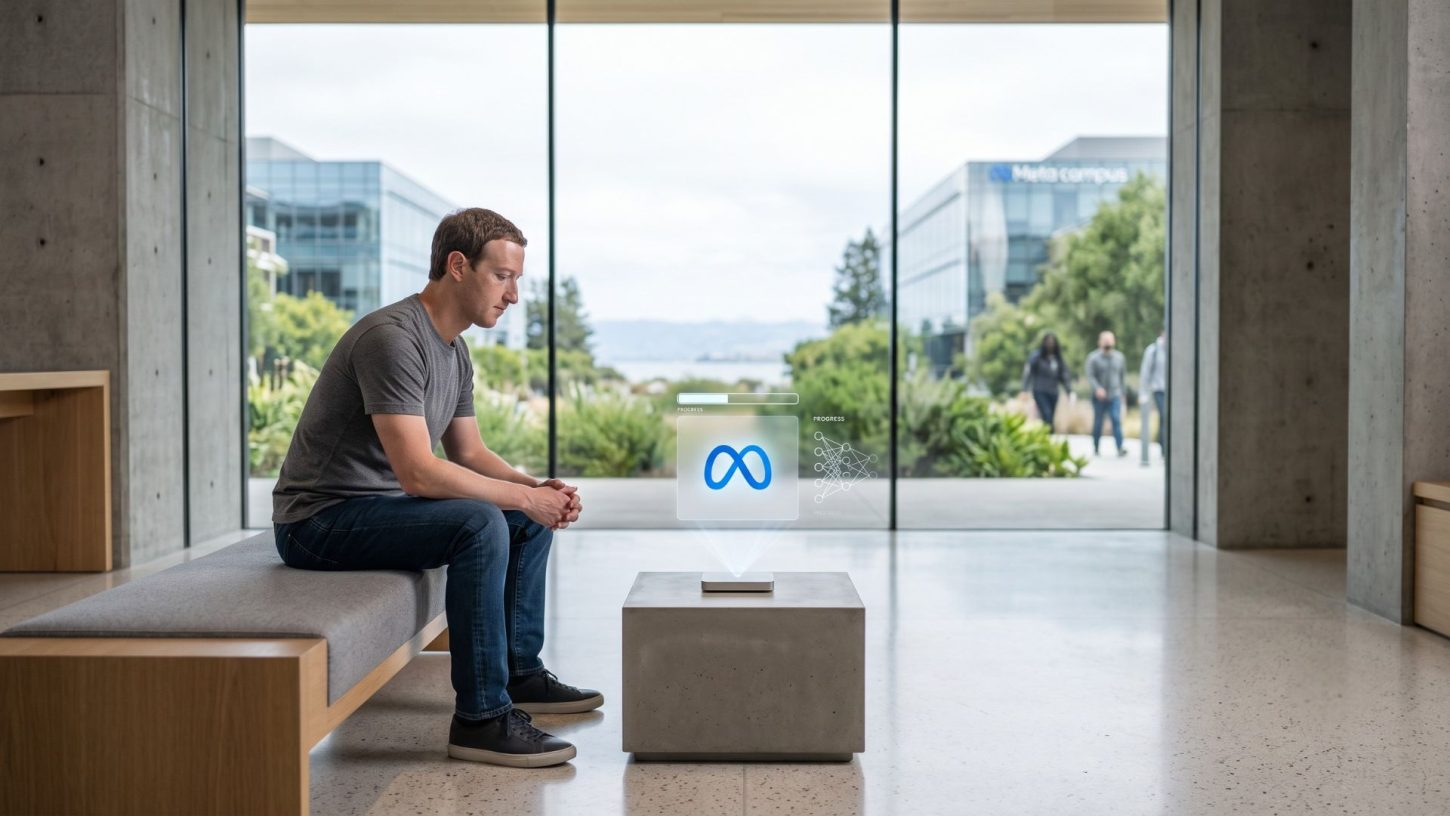 Mark Zuckerberg sitting on a bench in a minimalist Meta office, looking thoughtfully at a holographic Meta logo displaying a slow loading progress bar.