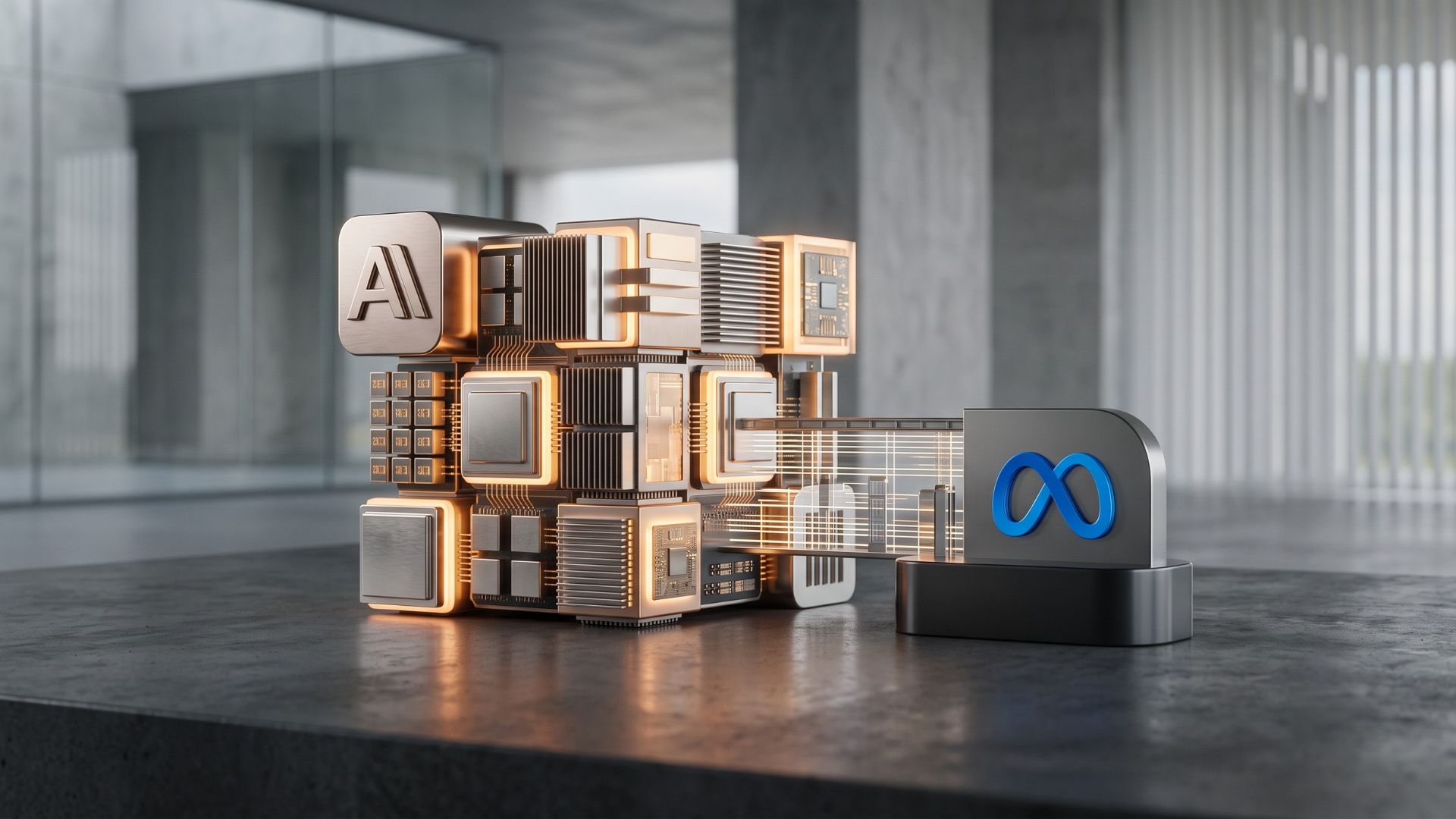 Minimal 3D editorial graphic showing a glowing Meta logo module connected to an Anthropic AI compute server block.
